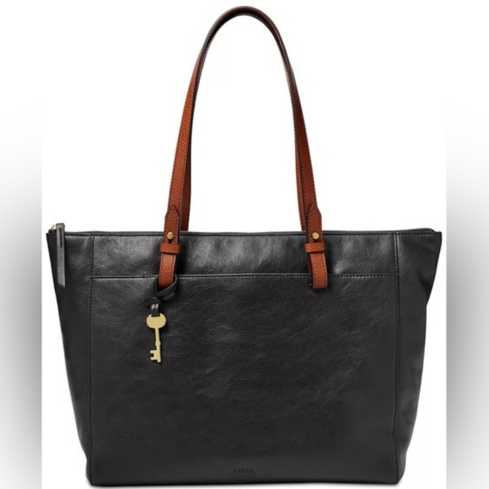 Fossil Black Tote with Brown Handles